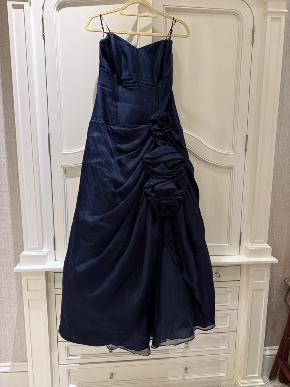 Strapless Navy Evening Gown with Rosette Side Detail